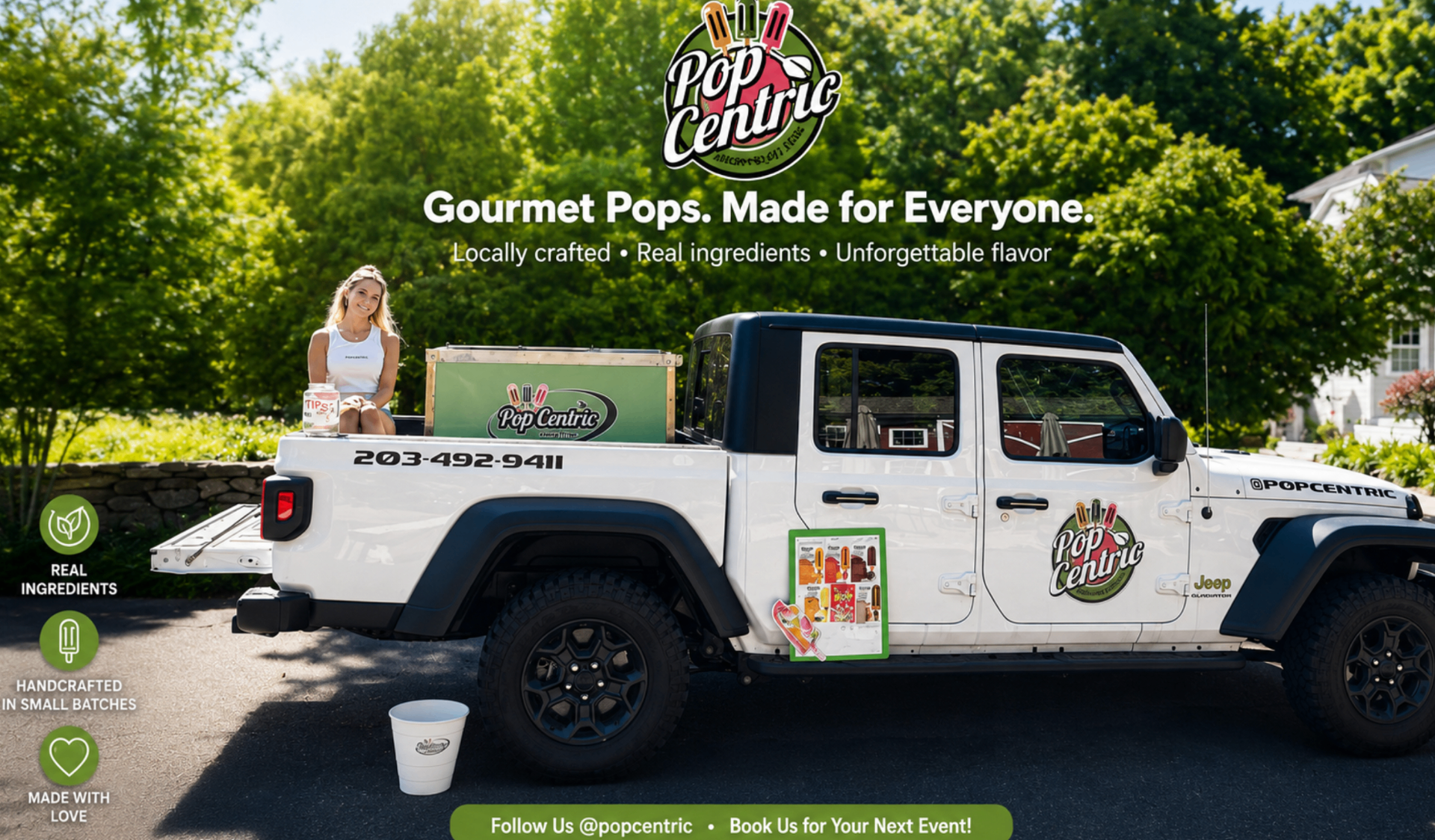 PopCentric Jeep with founder and branded cooler — Gourmet Pops Made for Everyone