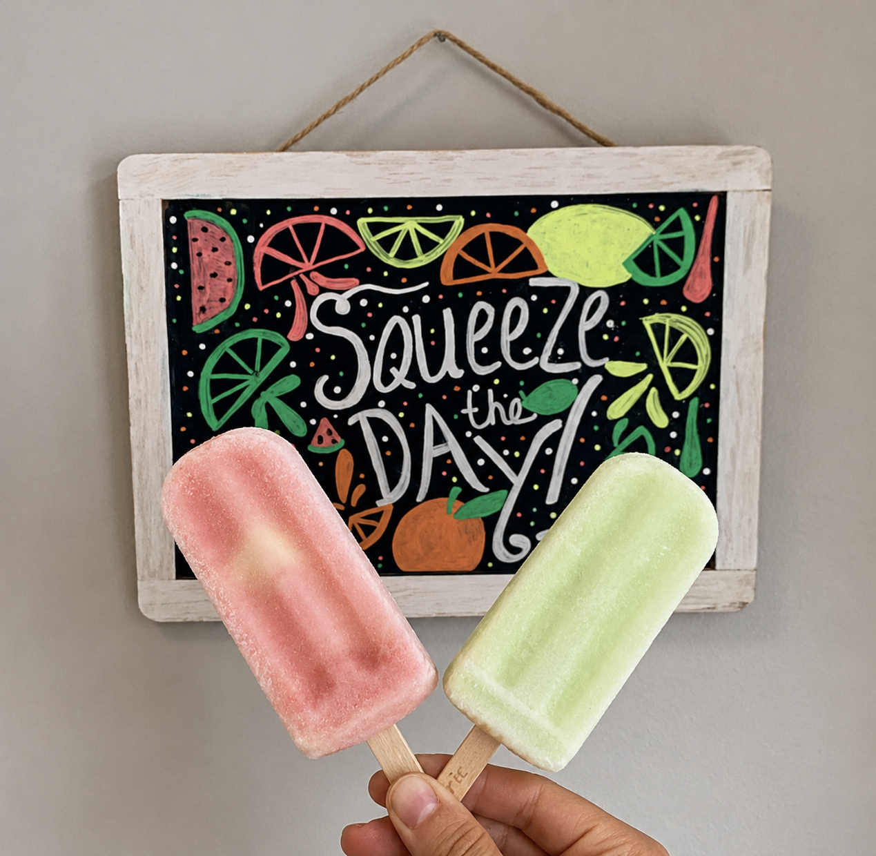 Squeeze the Day chalkboard sign with watermelon and lime PopCentric ice pops